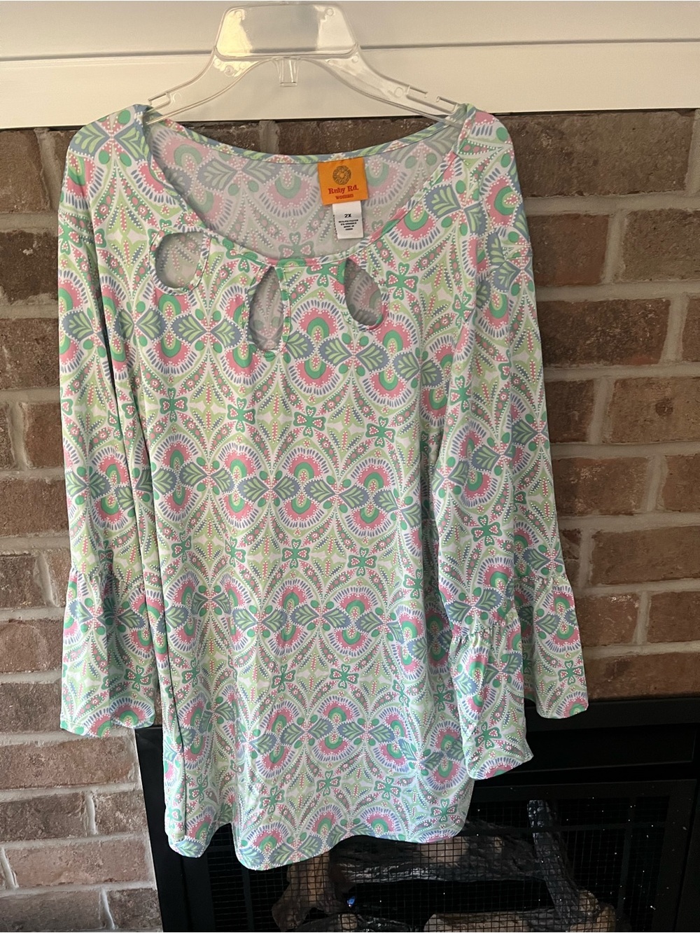 Ruby Rd. Pastel Floral Keyhole Long-Sleeve Top - Pink & Green